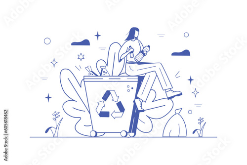 Eco waste line concept with people scene in the flat cartoon style. The girl sorts garbage into special large containers for recycling. Vector illustration.