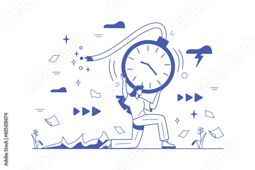 Deadline line concept with people scene in the flat cartoon design. The woman is in a hurry to complete all the tasks before the deadline. Vector illustration.