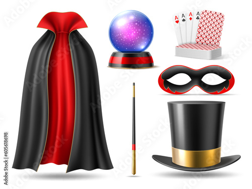 Realistic magician accessories. 3d illusionists isolated elements, wizard cloak, crystal ball and magic wand, cards deck and mask, theater or circus show, wizard performance utter vector set