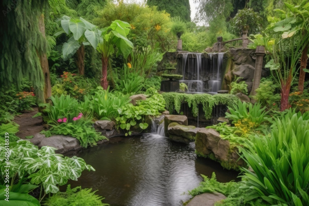 peaceful meditation garden with cascading spring waterfalls and greenery, created with generative ai