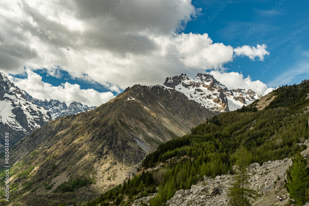 View of La Blanche and Mont Pelvoux from the climb to the Vallouise pass in the Ecrins massif.