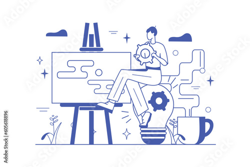 Creative process line concept with people scene in the flat cartoon style. A creative man is thinking about a new idea for a project. Vector illustration.