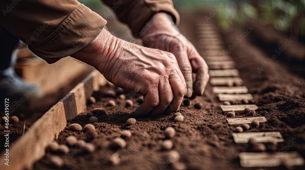 Close-up farmer planting seeds in the ground in the field. Blurred background. Generative ai Close-up farmer planting seeds in the ground in the field. Blurred background. Generative ai