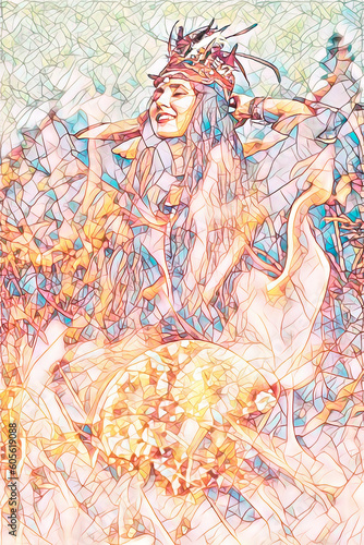 beautiful shamanic girl playing on shaman frame drum in the nature. Mosaic effect