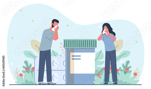 Seasonal allergies, sneezing woman and man blowing his nose in handkerchief, next to medications, in front of flowering plants. Use medical pills, cartoon flat isolated vector concept