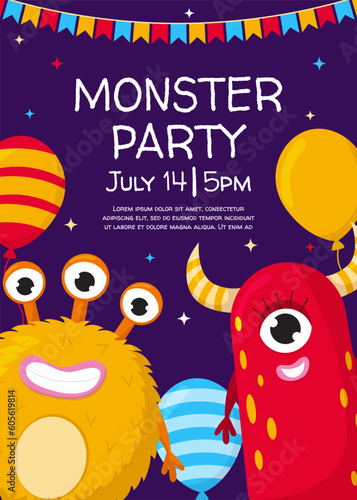 Vector monsters party happy birthday poster template. Funny alien monsters with celebrate decoration gift, balloons on violet background. A4 backdrop flyer, brochure, postcard for event.