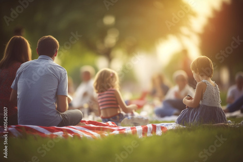 Families enjoying a picnic in a local park, Independence Day, bokeh Generative AI