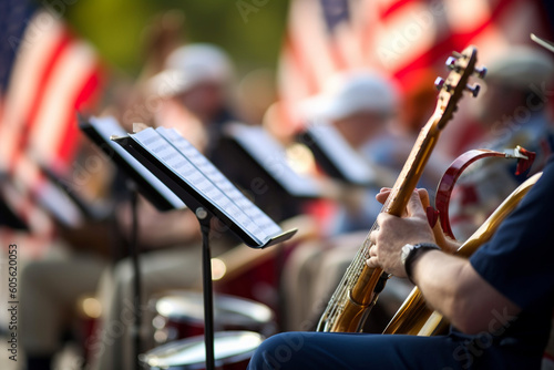 A band performing patriotic music at a community event, Independence Day, bokeh Generative AI