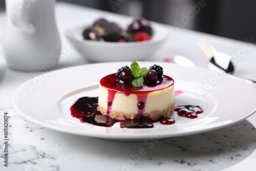 delicate cheesecake with berry sauce on a white plate, created with generative ai