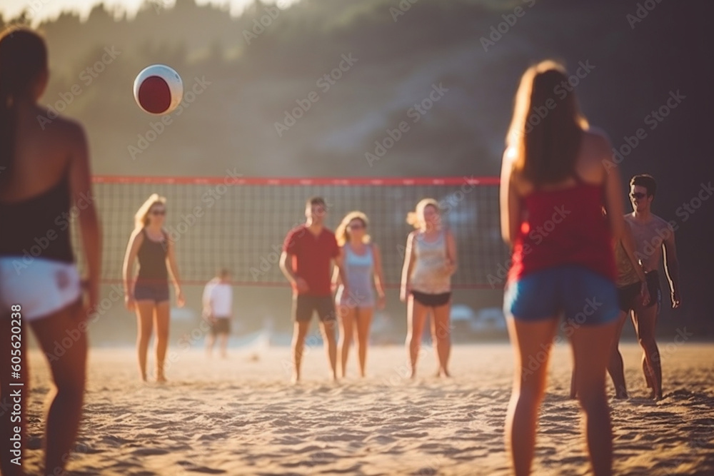 Group of friends playing a game of volleyball at a beach party, Independence Day, bokeh Generative AI