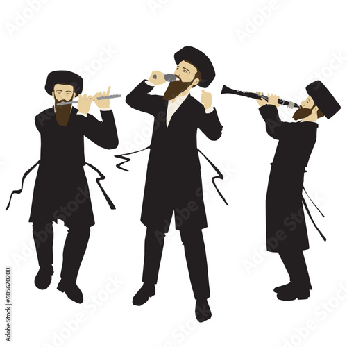 A painting of a singer and flute and clarinet players Hasidic Jewish Orthodox observant, singing and dancing. Dressed in a jacket, a black suit and a Streimel. with a sash.
Colorful vector. Isolated.