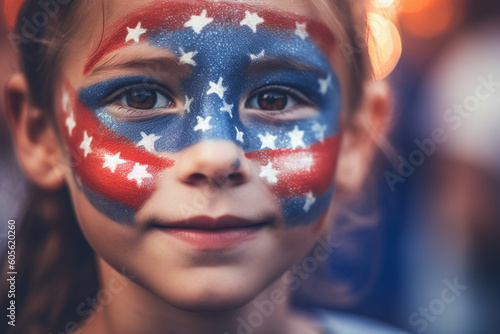 American flag-inspired face paint on children's cheeks, Independence Day, bokeh Generative AI