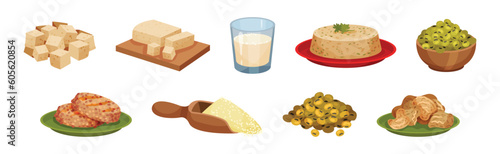 Soy Bean, Milk, Meat, Flour and Tofu Cheese Vector Set