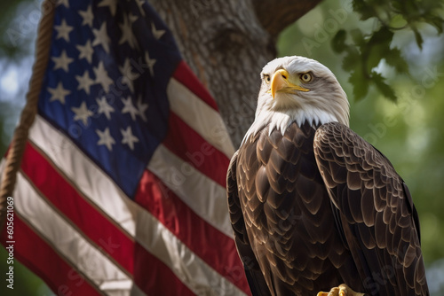Bald eagle perched on a branch with an American flag in the background, American Independence Day symbols, Independence Day Generative AI