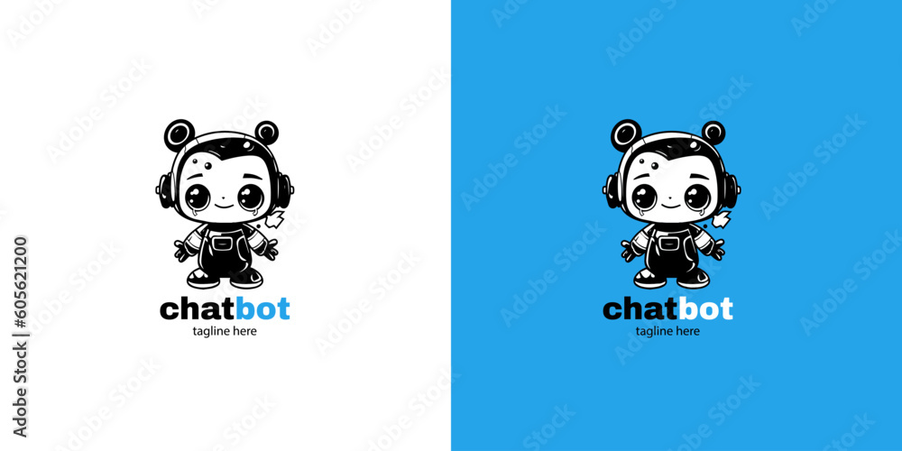 Girl chatbot person icon sign design vector illustration on white and blue background. Cute AI bot helper mascot character concept symbol business assistant Girl chatbot person icon sign design vector illustration on white and blue background. Cute AI bot helper mascot character concept symbol business assistant