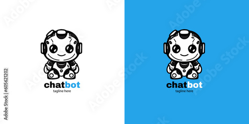 Robot chatbot head icon sign  design vector illustration  on white and blue background. Cute AI bot helper mascot character concept symbol business assistant.