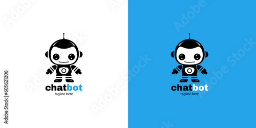 Robot chatbot head icon sign  design vector illustration  on white and blue background. Cute AI bot helper mascot character concept symbol business assistant.