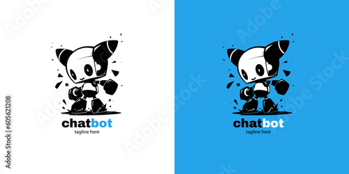 Robot chatbot head icon sign  design vector illustration  on white and blue background. Cute AI bot helper mascot character concept symbol business assistant. © Artem