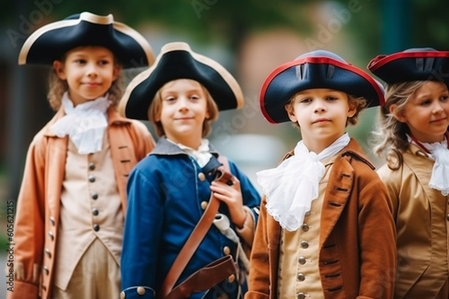 Group of children dressed as iconic American historical figures, American Independence Day symbols, Independence Day Generative AI