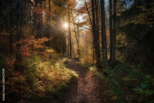 autumn forest hike with low sun rays shining through the trees, created with generative ai © Natalia