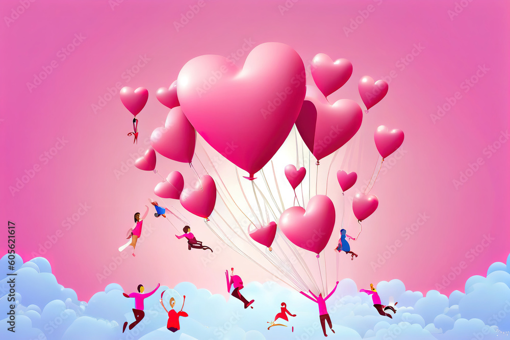 Hearts balloons with people flying on pink background. Generative Ai