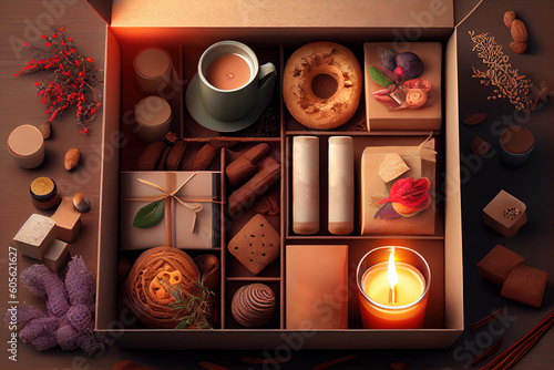 Preparing care package, seasonal gift box with coffee, cookies, candles, spices. Generative Ai
