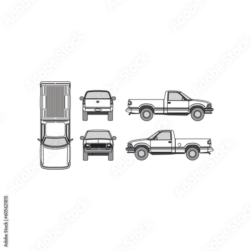 pickup truck outline, year 1997, isolated white background, front, back, top and side view
