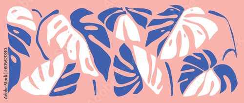 Botanical art background vector. Abstract natural hand drawn pattern design with monstera leaves, branches. Simple contemporary style illustrated Design for fabric, print, cover, banner, wallpaper.