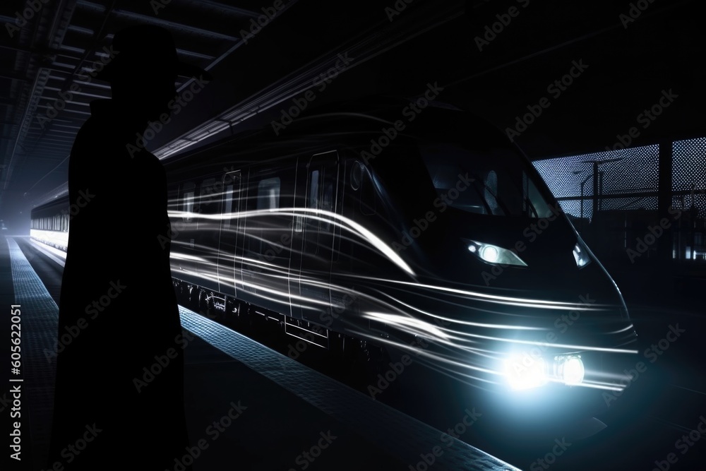 futuristic train speeding through the night with mysterious figure hiding in the shadows, created with generative ai