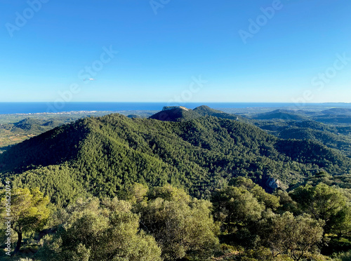 Spectacular view from hilltop monastery Santuari de Sant Salvador Monastery, Felanitx,