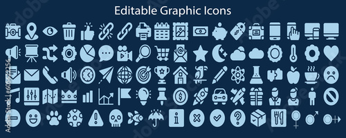 Vector illustration bold fill line icons for business, banking, contact, social media, technology, seo, logistic, education, sport, medicine, travel, weather, construction, arrow. Linear symbols set. © Rahul