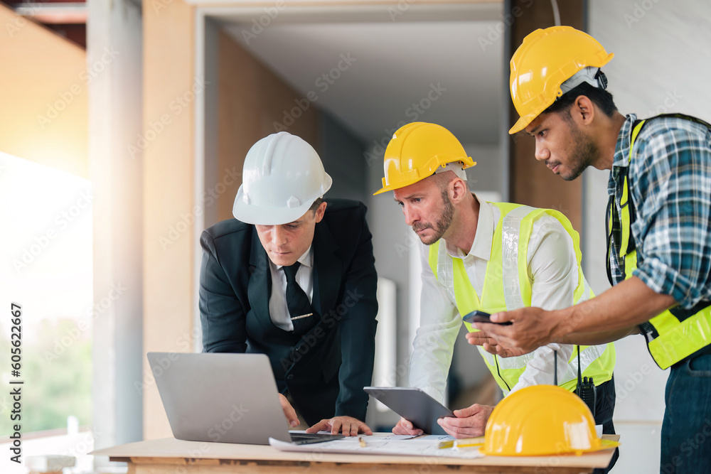 Team Engineers with draft plan of building on constructing site. Engineer work on site. Inspector engineer check and working on site