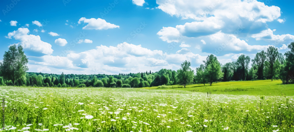 Fototapeta premium A quiet and wide green summer meadow, decorated with bright flowers, in a beautiful clean natural landscape.