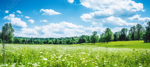 A quiet and wide green summer meadow, decorated with bright flowers, in a beautiful clean natural landscape.