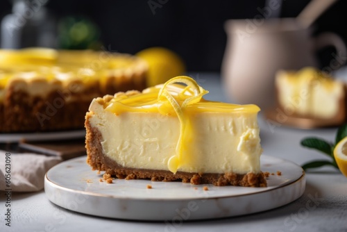 slice of cheesecake, topped with swirl of creamy and tangy lemon curd, created with generative ai photo