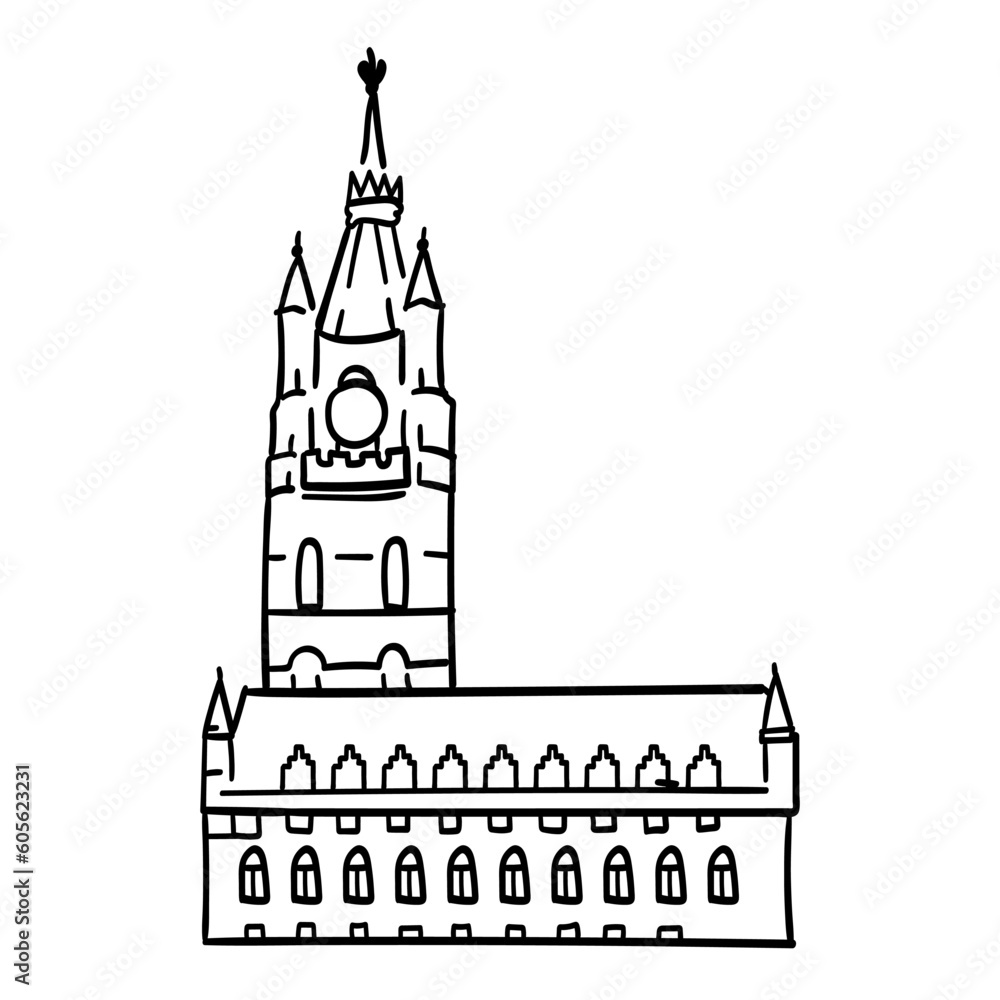 Hand drawn doodle outline icon of european building.