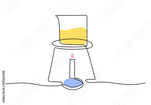 Bunsen burner - Laboratory equipment and tools object, one line drawing continuous design, vector illustration for science and education.
