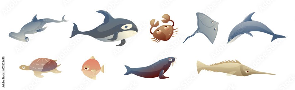 Ocean Underwater Animals with Walrus, Swordfish, Hammerhead, Dolphin, Crab, Turtle and Killer Whale Vector Set