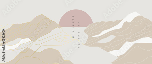 Mountain line art wallpaper. Contour drawing luxury scenic landscape, hills, sun. Panorama view of mountain design illustration for cover, invitation background, packaging design, banner and print.
