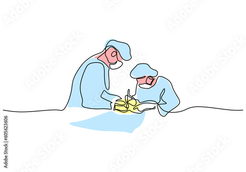 One continuous single line drawing of doctor and nurse do surgery isolated on white background.