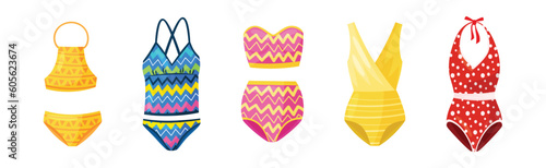 Stylish Swimsuit as Clothing for Sun Bathing and Water Sport Activity Vector Set