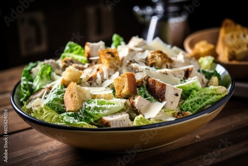 classic chicken caesar salad with grilled chicken  creamy dressing  and crunchy croutons  created with generative ai
