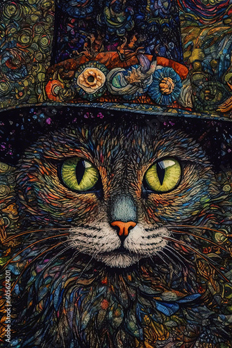 The character is a black cat in a witch's hat. the theme of witchcraft is tapestry print design. Generative AI, illustration