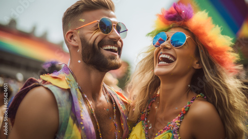 Happy Generative AI Couple at LGBTQ+ Gay Pride Parade in Sao Paulo. Love and Diversity in the LGBTQ+ Community. Sao Paulo Pride Month Celebration
 photo