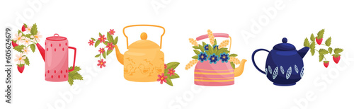 Teapot with Lid and Spout with Blooming Flowers Peeped Out Vector Set