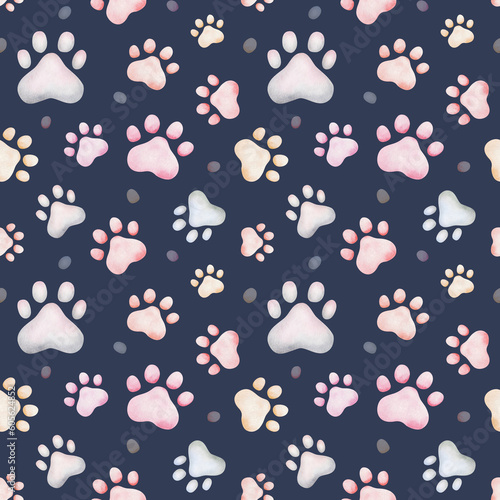 Watercolor seamless pattern. Hand painted illustration of colorful paws of dog, wolf, cat. Kitten, puppy footprints. Animal pawprint. Print on blue background for fabric textile, packaging, postcard