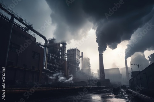 industrial factory, with smoke billowing from its chimneys and air pollution visible in the atmosphere, created with generative ai © Natalia