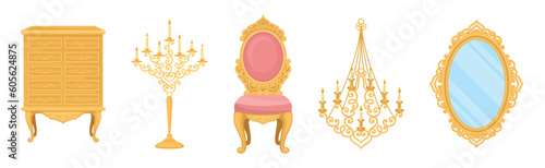 Vintage Furniture and Interior Design with Chandelier, Chair, Cabinet, Candlestick and Mirror Vector Set