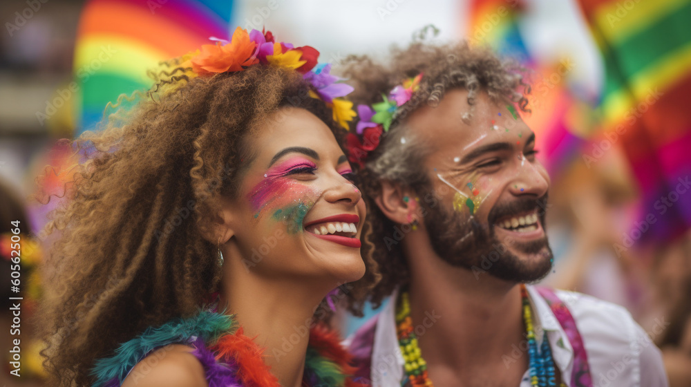 Happy Generative AI Couple at LGBTQ+ Gay Pride Parade in Sao Paulo