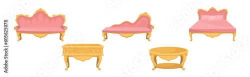 Vintage Furniture and Interior with Sofa, Bed and Table Vector Set